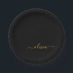 ブラックゴールドの女の子らしいスクリプトモノグラム名前のモダン ペーパープレート<br><div class="desc">ゴールドとブラックのモノグラム - あなた自身の名前のスクリプトパーティプレート。これらは、スイート16の誕生日、結婚式、ブライダルシャワー、結婚記念日、ベイビーシャワー、またはバチェロレッテパーティーのギフトとして最適です。</div>