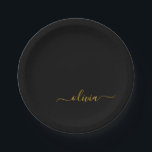 ブラックゴールドの女の子らしいスクリプトモノグラム名前のモダン ペーパープレート<br><div class="desc">ゴールドとブラックのモノグラム あなただけの名前 スクリプトパーティプレート. これは、豪華でおしゃれなスタイルが好きな人への、スイート16の誕生日、結婚式、結婚前のお祝い、結婚記念日、ベビーシャワー、またはバチェロレッテパーティーのギフトに最適です。</div>
