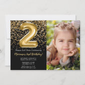 ブラックゴールドの女の子2歳の誕生日パーティー 招待状 (正面)