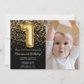 ブラックゴールドの子供の1歳の誕生日パーティーの写真 招待状 (正面)