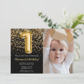 ブラックゴールドの子供の1歳の誕生日パーティーの写真 招待状 (スタンド正面)