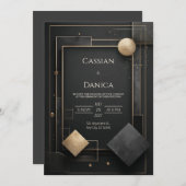 ブラックゴールドの幾何学的なアートデコの豪華なウェディング 招待状 (正面/裏面)