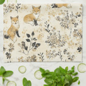 ブラックゴールドの森林キツネの花柄 キッチンタオル (折り畳み)