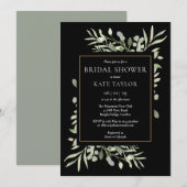 ブラックゴールドの水彩グリーンブライダルシャワー 招待状 (正面/裏面)