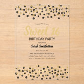 ブラックゴールドの紙吹雪ラメSweet 16 アクリル招待状 (正面)