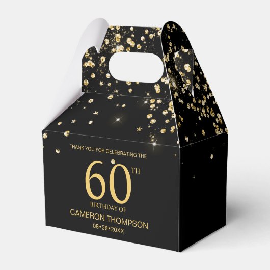 ブラックゴールドの紙吹雪 高級オーダーメイド 60歳の誕生日 フェイバーボックス (正面サイド)