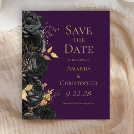 ブラックゴールドの紫の花のデザインの結婚式事前お知らせ