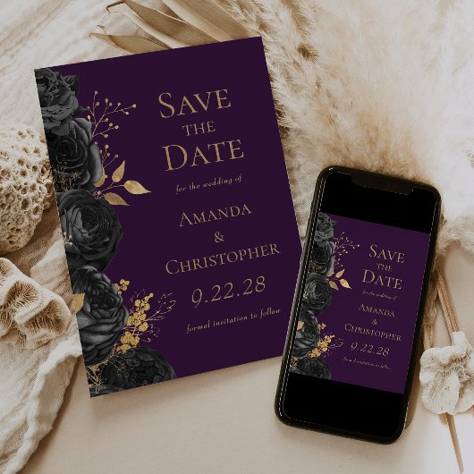 ブラックゴールドの紫の花の「Save the Date」 案内状
