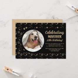 ブラックゴールドの肉球プリント 犬の誕生日パーティー 招待状
