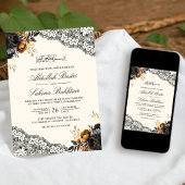 ブラックゴールドの花柄レースクリームムスリムウェディング 招待状