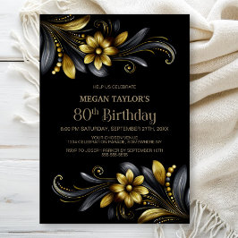 ブラックゴールドの花柄 80歳の誕生日パーティー 招待状