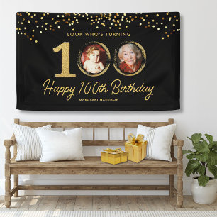 ブラックゴールドの華やかな100歳の誕生日パーティーのカスタムフォト 横断幕