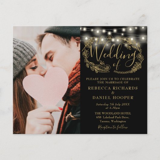 ブラックゴールドの葉の写真の結婚式招待状 (正面)