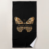 ブラックゴールドの蝶の名前スクリプト ビーチタオル (正面)