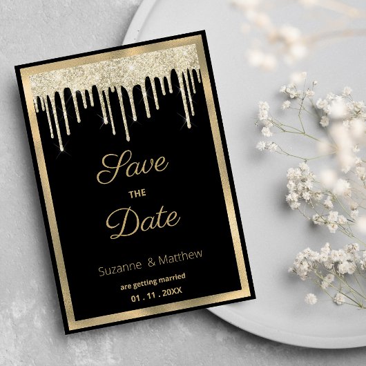 ブラックゴールドの贅沢なラメがしたたるSave the Date 招待状