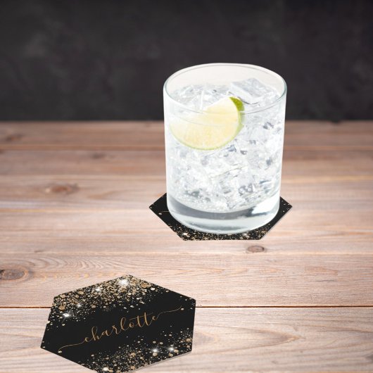 ブラックゴールドの輝きと名前のスクリプト ペーパーコースター