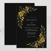 ブラックゴールドの野生の花の結婚式 招待状 (正面/裏面)