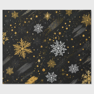 ブラックゴールドの雪の結晶クリスマスパターン ラッピングペーパー