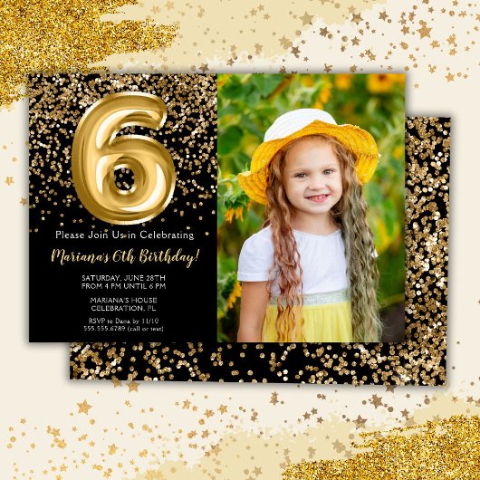 ブラックゴールドの6歳の誕生日パーティーの女の子の写真 招待状