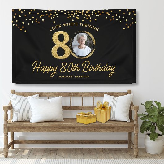 ブラックゴールドの80歳の誕生日パーティーのカスタムフォト 横断幕
