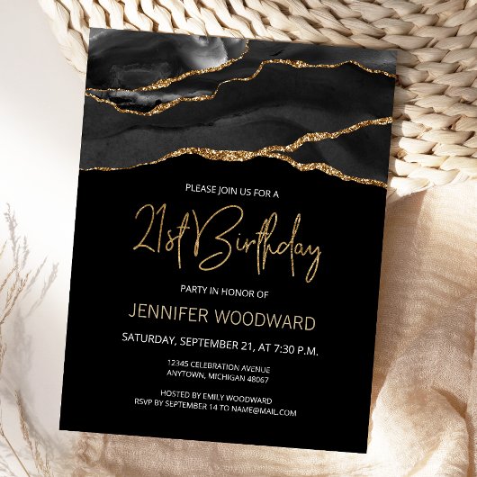 ブラックゴールドアゲート 21歳の誕生日パーティー招待状 ポストカード