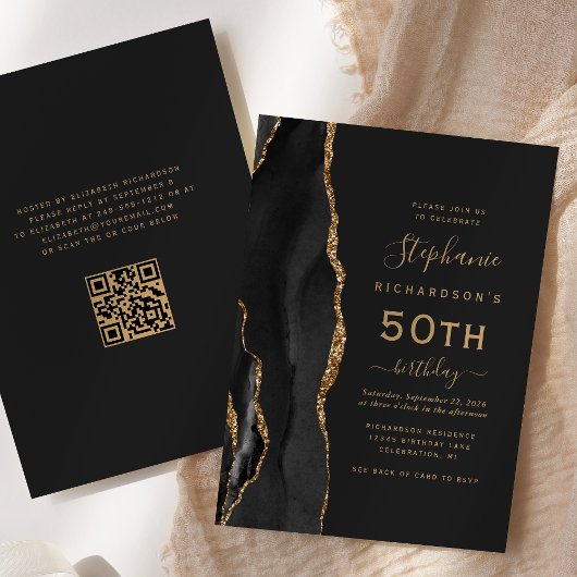 ブラックゴールドアゲートQRコード 50歳の誕生日 招待状