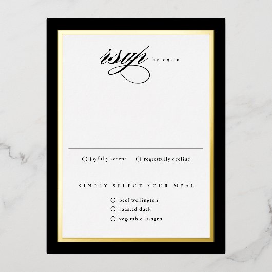ブラックゴールドエレガントフォイルウェディングRSVPカード 箔シーズンポストカード (正面)