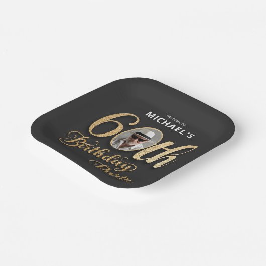 ブラックゴールドカスタムフォイル写真60誕生日 ペーパープレート (傾斜あり)