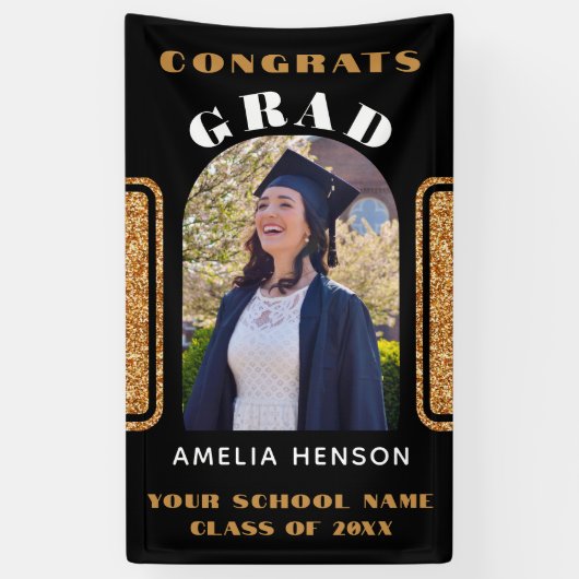 ブラックゴールドグリッターおめでとう卒業写真背景 横断幕 (縦)