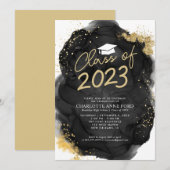 ブラックゴールドグリッターアルコールインク卒業パーティー 招待状 (正面/裏面)