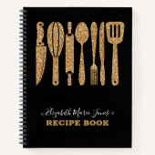 ブラックゴールドグリッターキッチン調理器具料理レシピ ノートブック (正面)