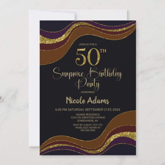 ブラックゴールドグリッターサプライズ50歳の誕生日パーティー 招待状 (正面)