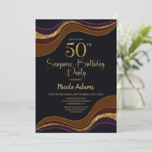 ブラックゴールドグリッターサプライズ50歳の誕生日パーティー 招待状 (スタンド正面)