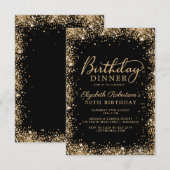 ブラックゴールドグリッター筆記体 50歳の誕生日ディナー 招待状 (正面/裏面)