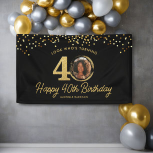 ブラックゴールドグリッター40歳の誕生日パーティー あなたの写真 横断幕