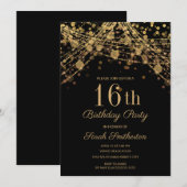 ブラックゴールドグリッター ストリング ライト 16歳の誕生日 招待状 (正面/裏面)
