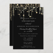 ブラックゴールドグリッター ドリップス バースデー 卒業パーティー 招待状 (正面/裏面)