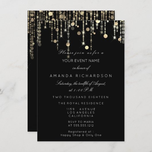 ブラックゴールドグリッター ドリップス バースデー 卒業パーティー 招待状 (正面/裏面)