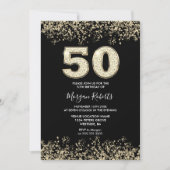ブラックゴールドグリッター メンズ レディース 50歳の誕生日パーティー 招待状 (正面)