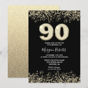 ブラックゴールドグリッター メンズ レディース 90歳の誕生日パーティー 招待状