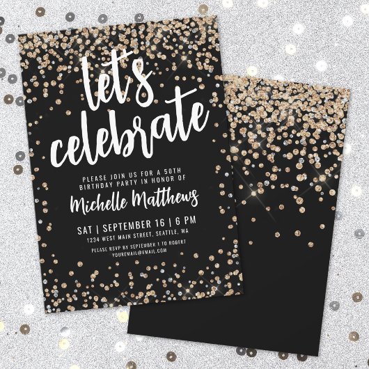 ブラックゴールドグリッター 50歳の誕生日 招待状