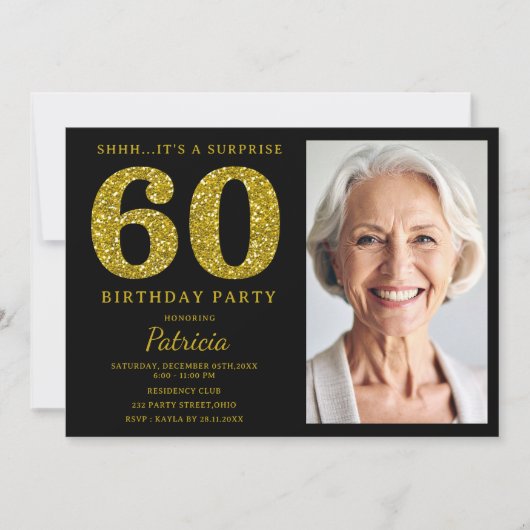 ブラックゴールドグリッター 60歳のサプライズ誕生日フォト 招待状 (正面)