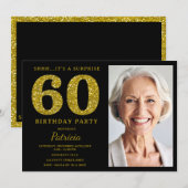 ブラックゴールドグリッター 60歳のサプライズ誕生日フォト 招待状 (正面/裏面)