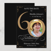 ブラックゴールドサプライズ 60歳の誕生日 保存日付 招待状 (正面/裏面)