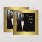 ブラックゴールドシャンパン 女性の誕生日パーティー 招待状 (正面/裏面)