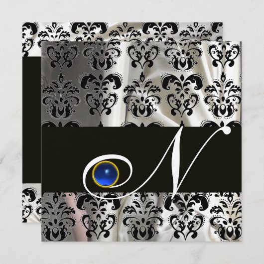 ブラックゴールドシルクダマスクモノグラムブルーサファイア 招待状 (正面/裏面)