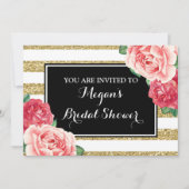 ブラックゴールドストライプ ピンクの花 ブライダルシャワー 招待状 (正面)