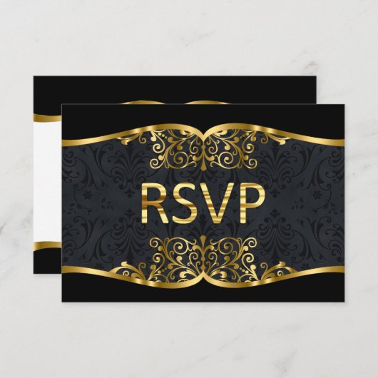 ブラックゴールドダマスク結婚式招待状の返信 出欠カード (正面/裏面)