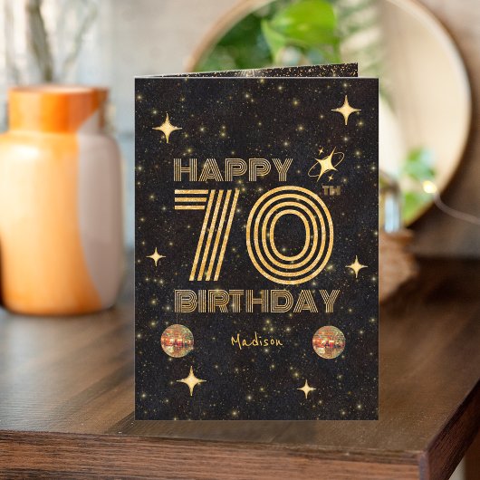ブラックゴールドダンシングディスコボール70歳の誕生日おめでとう カード