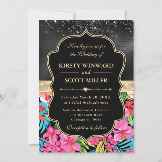 ブラックゴールドトロピカルプレッピー フラワーズ ウェディング 招待状 (正面)